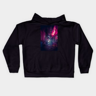 Synthwave Tokyo Neon Underworld Red Lantern in narrow dark alley Kids Hoodie